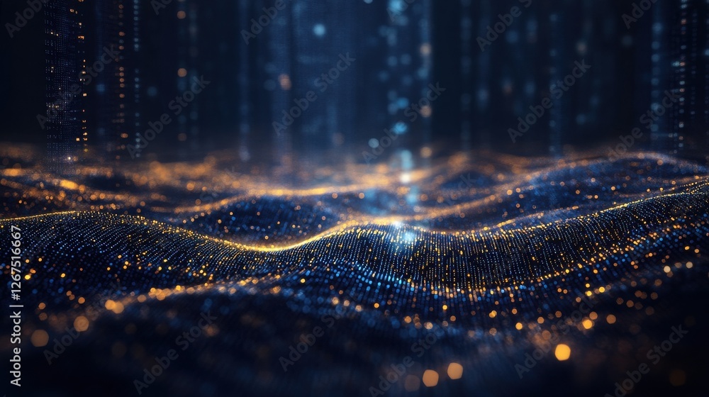 Poster abstract data transmission visualization. big data code representation. glittering dust of lights. g