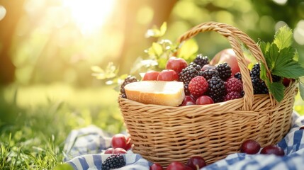 Summer picnic basket with fresh berries and bread in a sunny garden