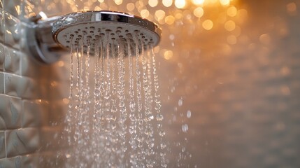 Modern showerhead spraying water in bathroom with warm lighting bokeh