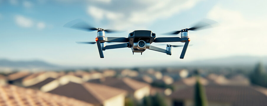 Utility drone inspects roof tiles of urban building on an overcast day, enabling thorough inspection from above