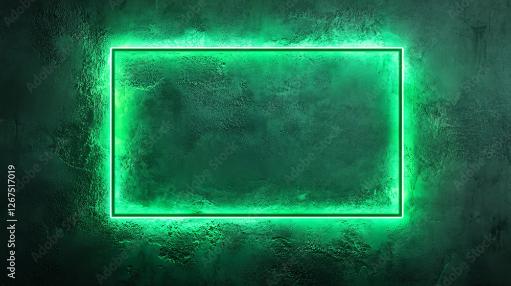 Poster a glowing neon green rectangular frame mounted on a textured dark wall creating a futuristic and moo
