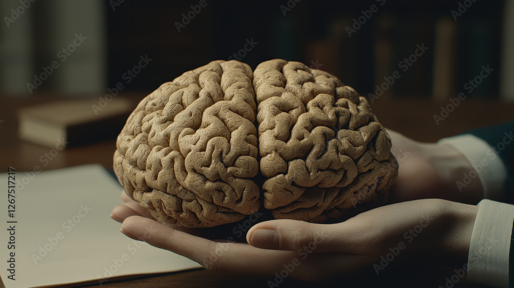 Poster marketer engages with a digital brain model emphasizing key emotional triggers like joy, nostalgia, 