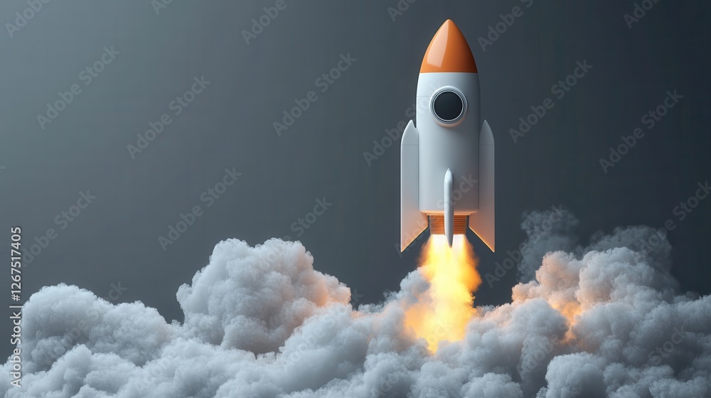 Poster launching rocket on gray background. startup and begin concept. 3d rendering.