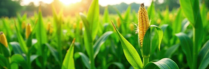 Obraz premium Sweet corn plants on the stalks swaying gently in the breeze, sweetcorn, plant growth