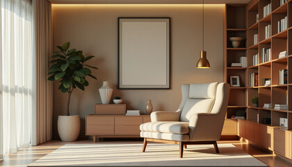 Minimalist modern therapy office with cozy armchair, warm neutral tones, calming atmosphere for therapy sessions