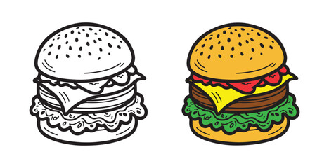 Coloring book, hamburger vector image, Hamburger vector illustration. Coloring book page