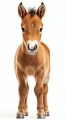 Obraz premium Cute foal stands upright on white background showcasing its playful nature and fluffy mane in a bright light setting
