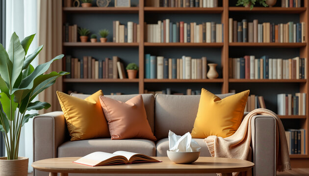 Warm and inviting therapy room with comfortable couch, psychology books in the background, serene atmosphere