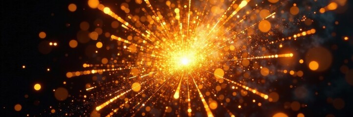 Vibrant yellow fireworks explode on a dark canvas, releasing radiant light and intense energy , explosion, radiance, intensity