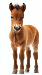Obraz premium Young foal stands with curiosity against a white background showcasing its adorable features and soft fur texture