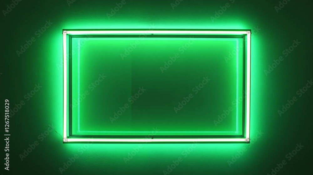 Poster a glowing neon green rectangular light frame mounted on a dark wall creating a futuristic and minima