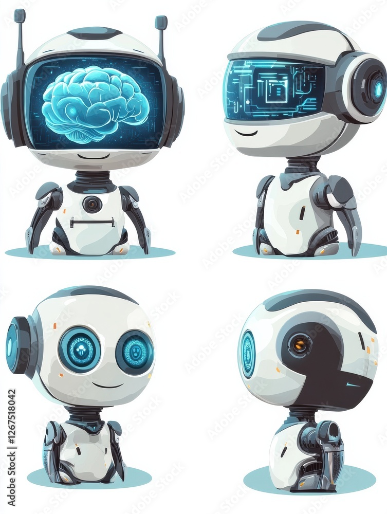 Aufkleber futuristic cartoon set of ai robots and digital brain concept isolated on white. ai robot bot. chat,
