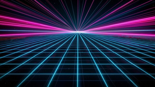 Retro Futuristic Grid with Neon Lights, Vibrant Pink and Blue Laser Beams, Digital Cyber Landscape, Classic 80s Aesthetic, Glowing Grid Lines, High-Tech Virtual Environment, Abstract and Dynamic Scene