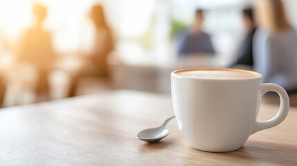 Obraz premium Espresso cup with a spoon in a bright office kitchen and coworkers chatting in the background during a morning break