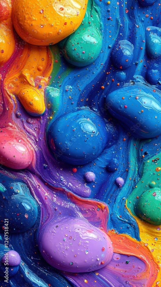 Poster dynamic abstract background with vibrant multicolor fluid swirls and sparkling glitter
