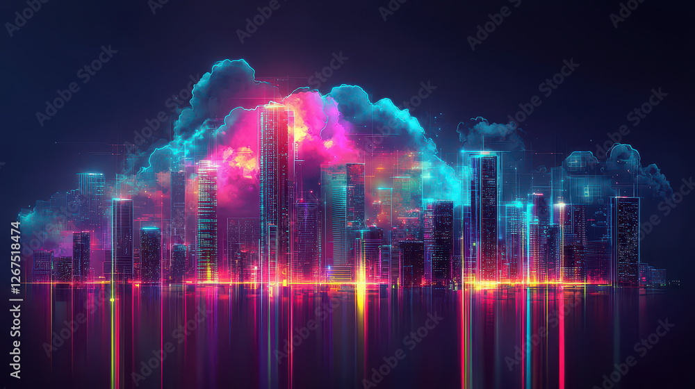 Poster neon-lit city skyline showcasing global cloud backup infrastructure with glowing data nodes in a cyb