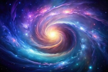 Swirling galaxy clouds with shades of purple and blue, planetary accretion, stardust, gravitational waves