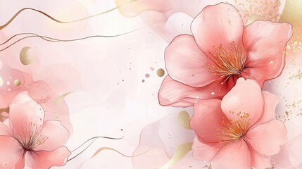 Spring floral in watercolor vector background. Luxury wallpaper design with pink flowers, line art, golden texture. Elegant gold blossom flowers illustration suitable for fabric, prints, cover.