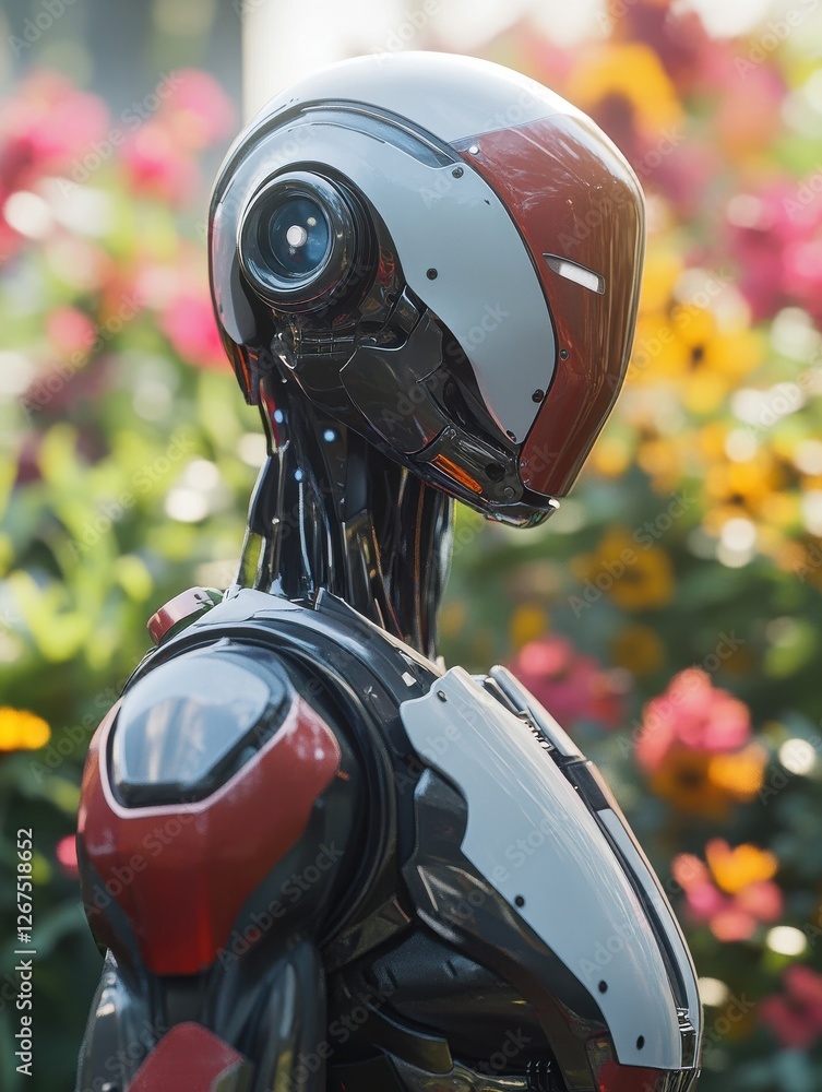 Poster 3d rendering humanoid robot with flower in the garden background, artificial intelligence concept
