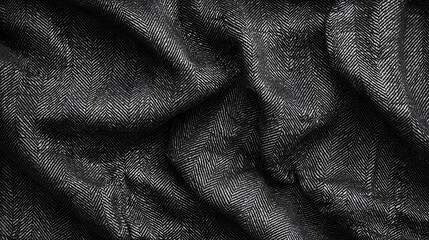 Fototapeta premium Textured Black Fabric with Herringbone Pattern and Draped Creases