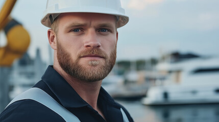 Man in hard hat and gloves operates boat hoist control panel in a modern marina with a focused expression on a calm day