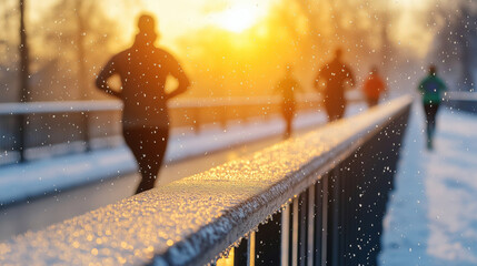 Melting snow on a metal railing with blurred runners exercising in the early morning light during winter