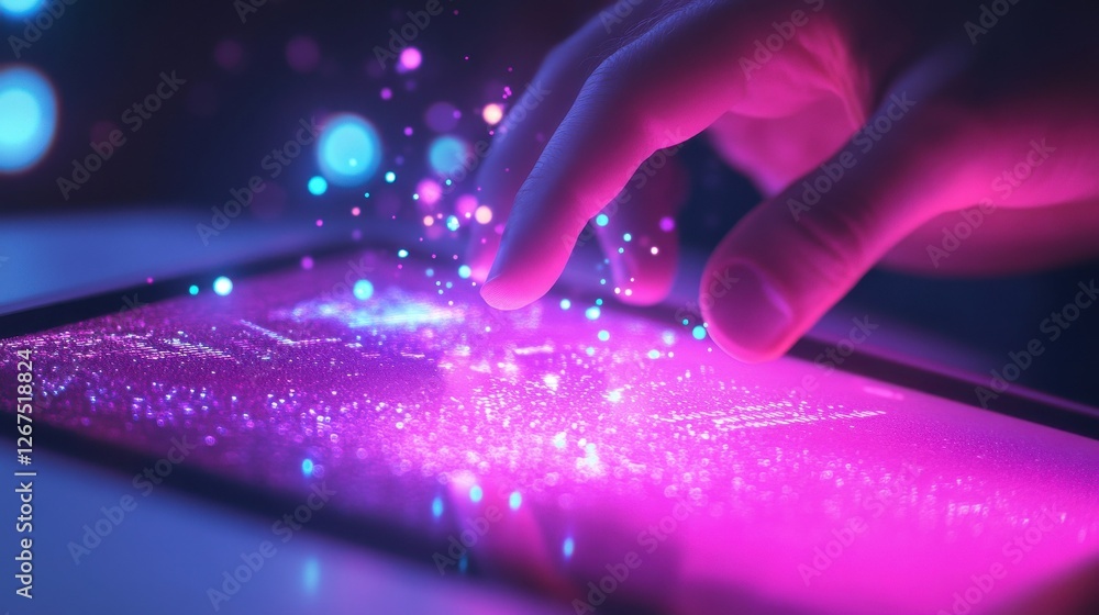 Poster close up of businessman hand using tablet with abstract coding and digital web hologram on pink back