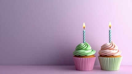 Two Colorful Birthday Cupcakes with Candles on Purple Background