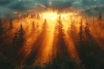 Naklejka premium Golden Radiance, A Forest Bathed in Ethereal Morning Sunlight