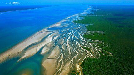 Aerial View of White Sand Patterns in Blue Ocean Water with Green Coastal Forest, Natural Artistry and Unique Landforms, Tranquil Coastal Scene with Vibrant Colors, Serene Environment, Nature's Design