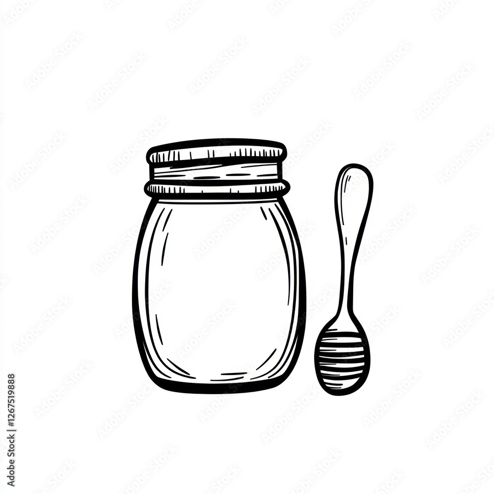 Poster Honey jar and spoon; kitchen; white background; food illustration