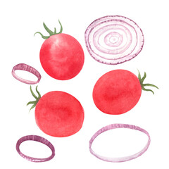 Cherry tomato and onion rings watercolor set isolated on white background, hand drawn design elements. Ideal for packages, restaurant menu, cookbook, recipes, organic food label, logo decor and design