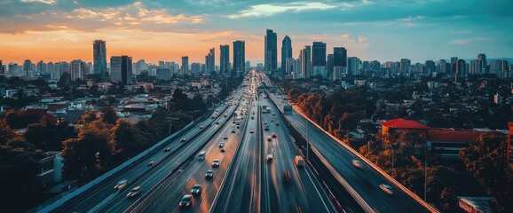 Obraz premium Sunset highway traffic, city skyline backdrop, urban landscape