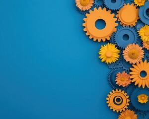 A hightech gear system with blooming flowers growing between the cogs