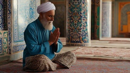 A devoted Muslim man bows in prayer, immersed in spirituality within the intricate walls of a mosque. Morning light enhances the serene atmosphere as he seeks peace and connection