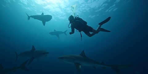 Fototapeta premium Diver exploring underwater with sharks in a serene ocean environment
