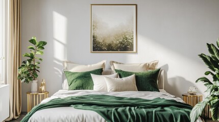 Simple poster hanging above bed with many cushions and green blanket standing in bedroom interior with golden furniture