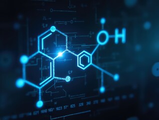 Obraz premium Futuristic digital interface displaying glowing chemical formulas and molecular structures