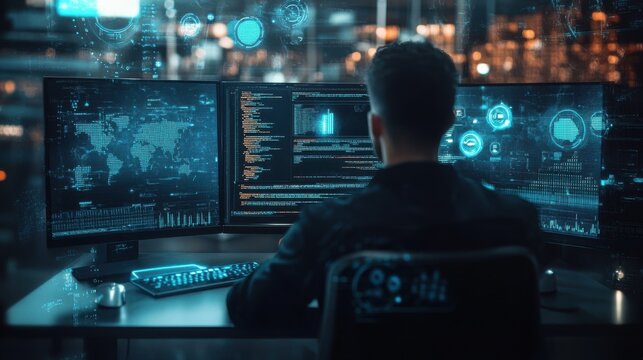 Hacker at desktop using computer with creative glowing coding big data interface on dark interior background. Technology and futuristic network. Double exposure