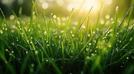 fresh thick grass with water drops in the early morning