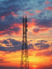 Communication tower illuminated by sunrise with radiant sky