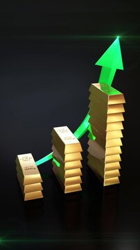 Stacks of gold bars increasing in height with a glowing green upward arrow, symbolizing financial growth, investment success, and economic prosperity.