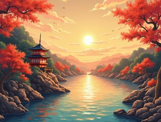 Golden sunset illuminating a traditional japanese pagoda on a rocky riverbank