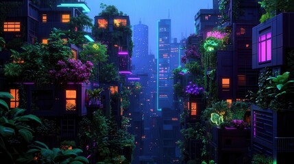 A cyberpunkinspired city with neon flowers growing from robotic structures