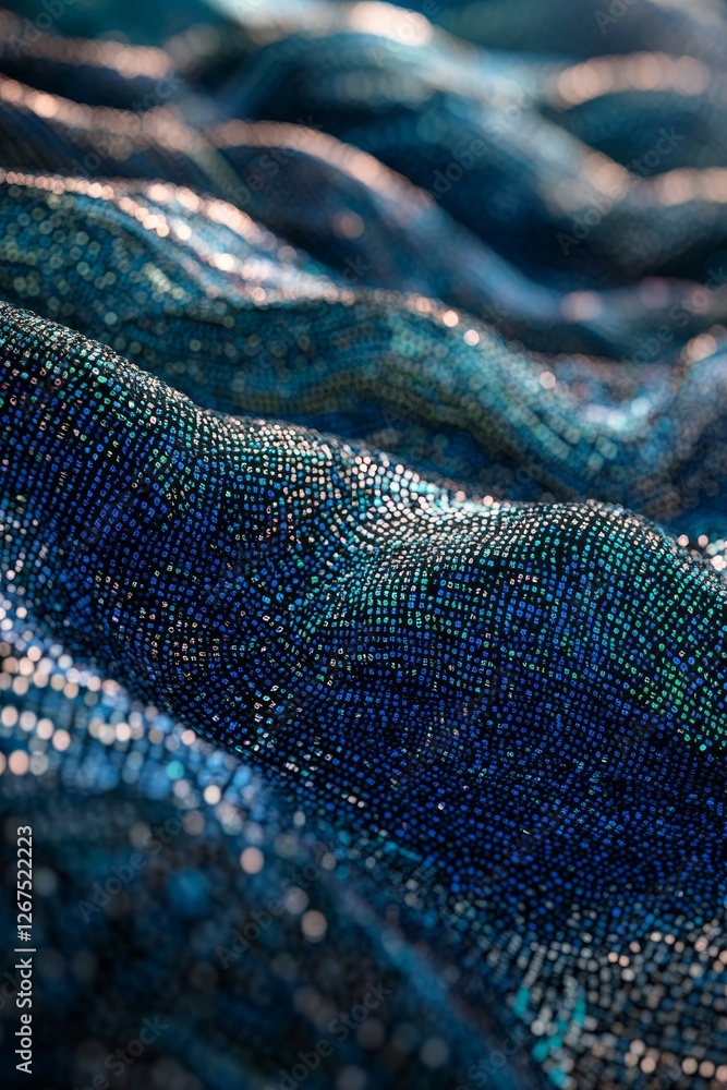 Poster Blue Mesh Texture Background Intricate, Detailed Pattern With Highlighted Shimmering Wavy Lines