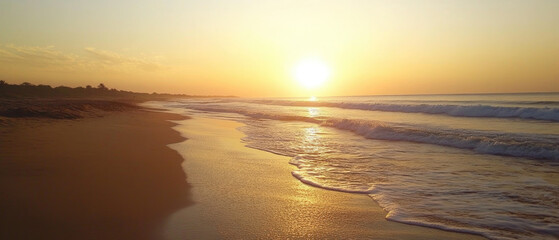 Fototapeta premium Serene Beach Sunrise with Gentle Waves Lapping the Shoreline