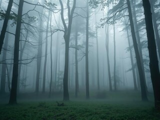Fototapeta premium The forest floor is hidden beneath a thick layer of fog and mist, foggy woods, dark woods, ambient light