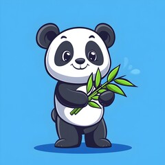 Obraz premium Cute Panda Bear Holding Bamboo in Simple Flat Illustration Style with Blue Background