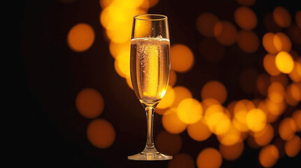 Champagne Flute with Sparkling Beverage Against Warm Golden Bokeh Lights