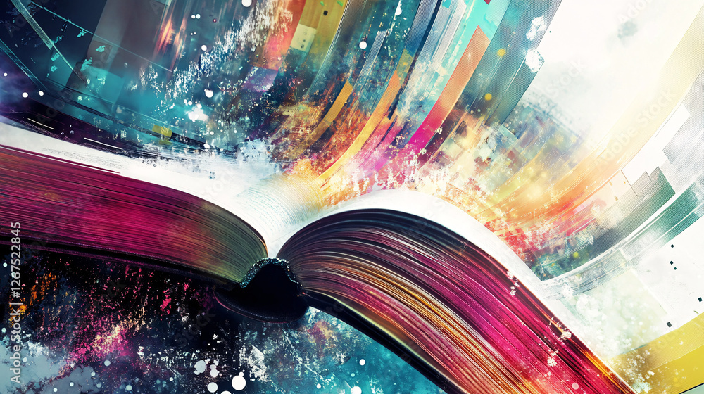 Poster an open book glowing with radiant abstract colors and swirling energy symbolizing imagination knowle